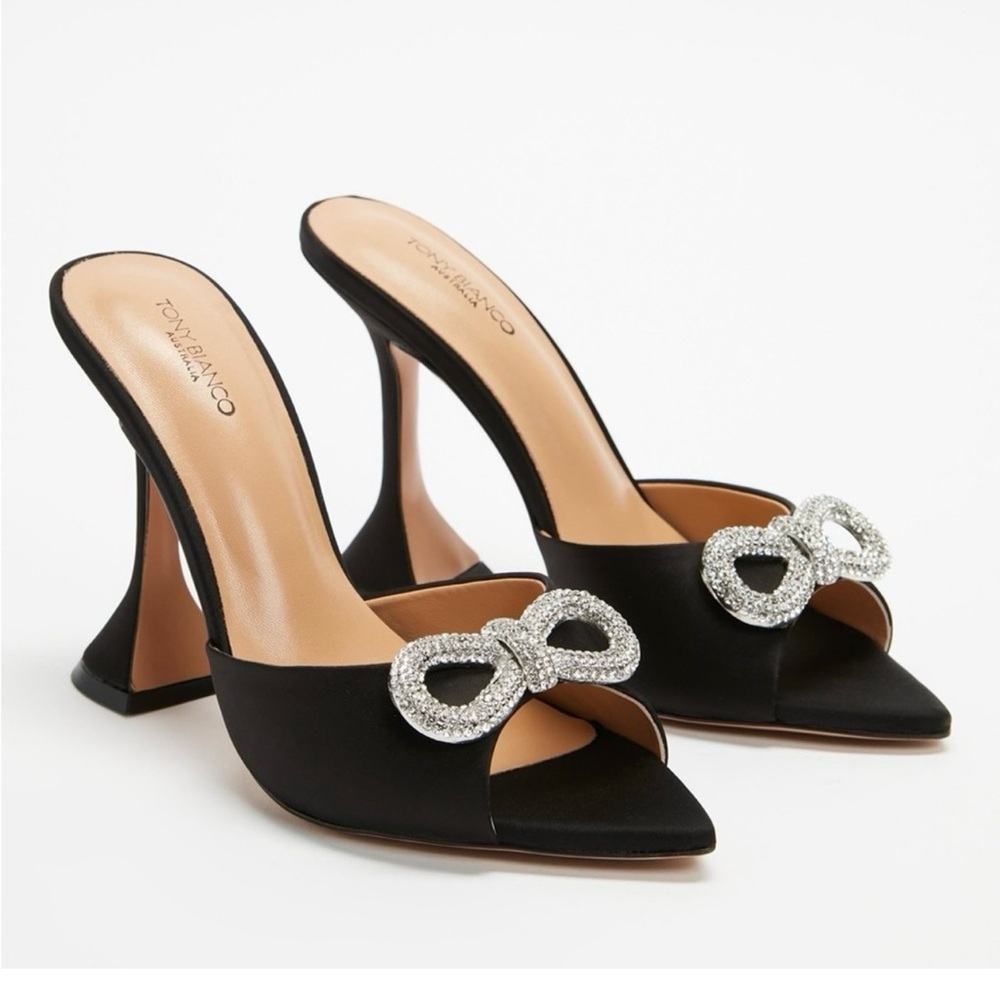 Tony Bianco Montana Mule Heels Black Satin Rhinestone Bow Embellishment Size 7